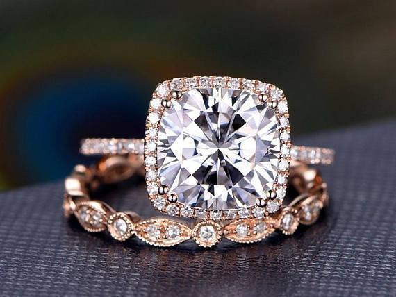 Cushion Cut Halo Ring Set, Vintage Style Band