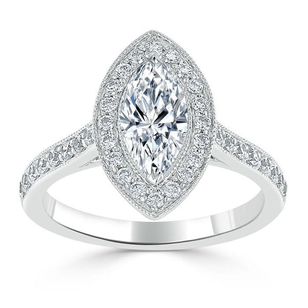 Marquise Cut Moissanite Halo Engagement Ring, Tiffany Style