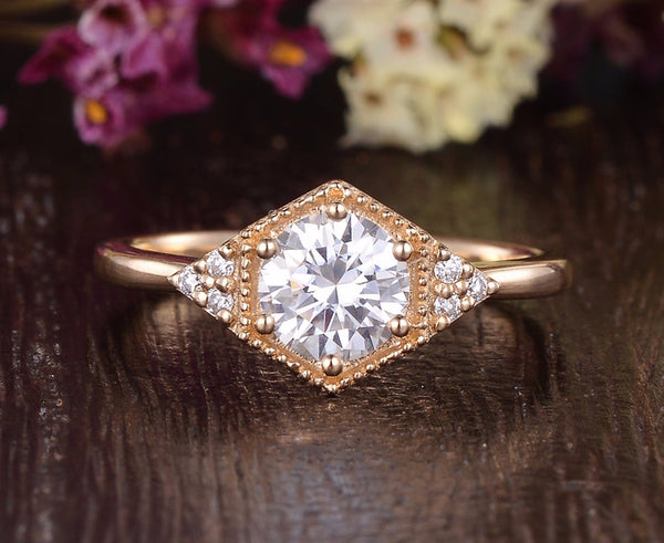 Round Cut Moissanite Engagement Ring, Art Deco Trilogy Design