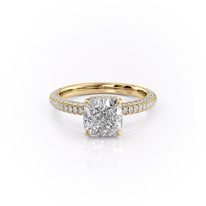 CUSHION CUT MOISSANITE PAVÉ SET SHOULDERS WITH HIDDEN HALO