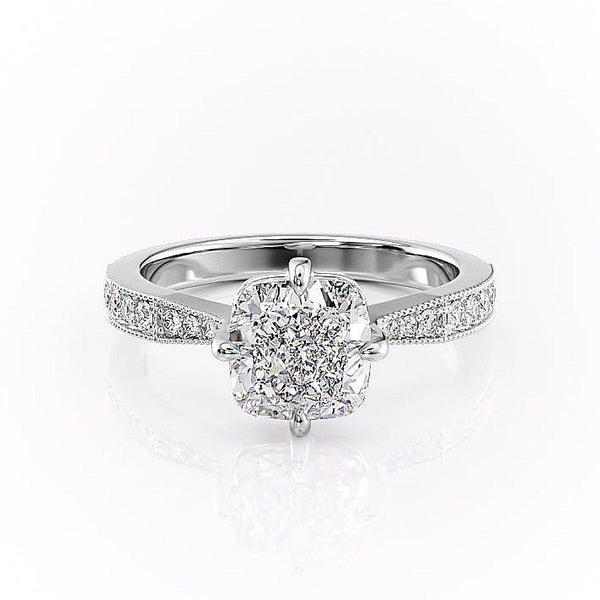 CUSHION CUT MOISSANITE STONE SET SHOULDERS WITH MILGRAIN EDGE