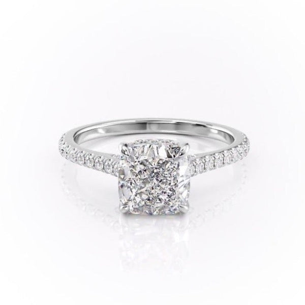 Cushion Cut Moissanite Shoulder Set Ring With Hidden Halo