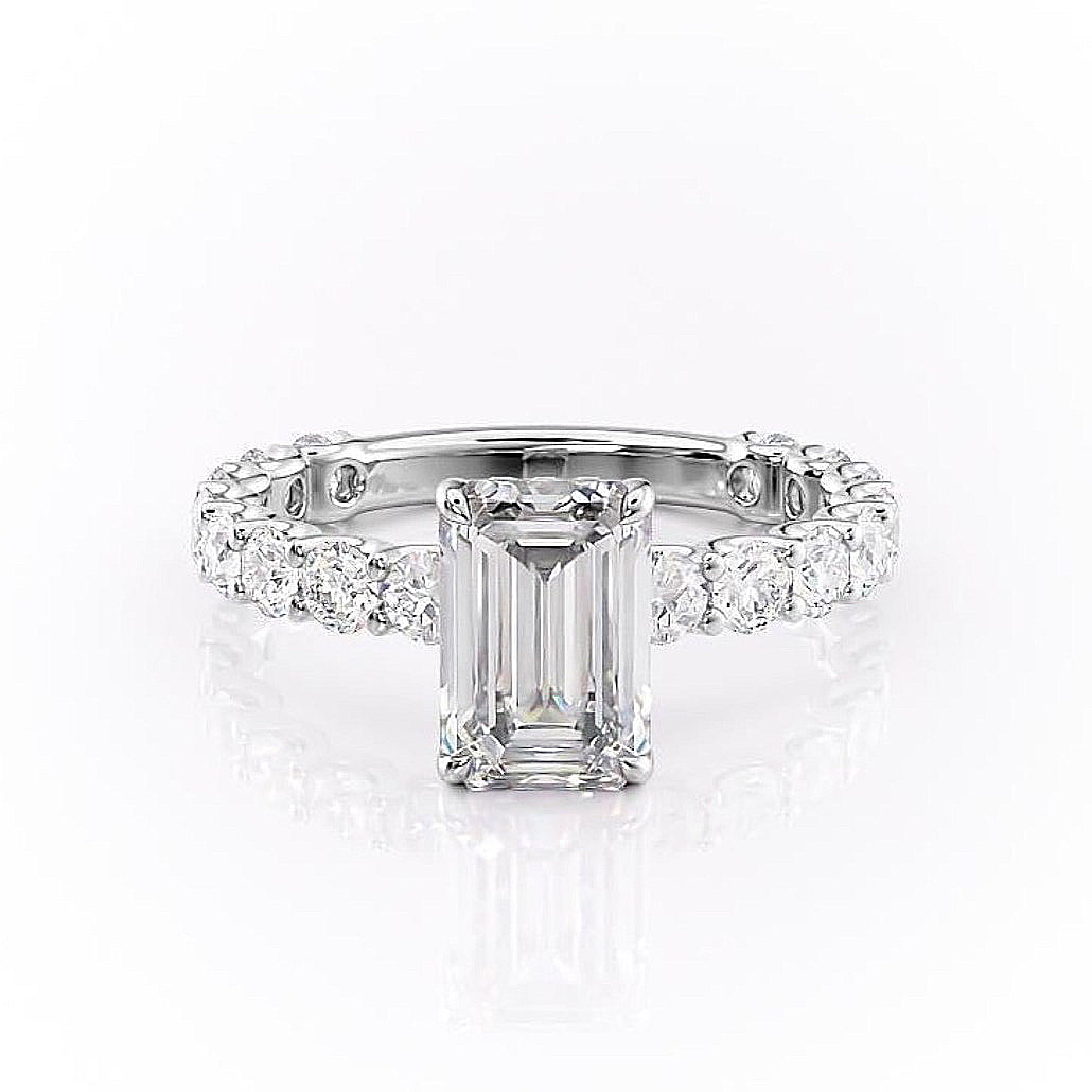 EMERALD CUT MOISSANITE STONE SET SHOULDERS WITH HIDDEN HALO