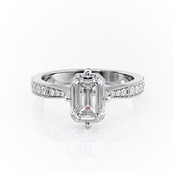 EMERALD CUT MOISSANITE STONE SET SHOULDERS WITH MILGRAIN EDGE