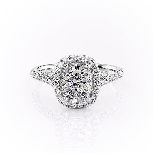 Elongated Cushion Cut Moissanite Engagement Ring, Halo With Split Shank