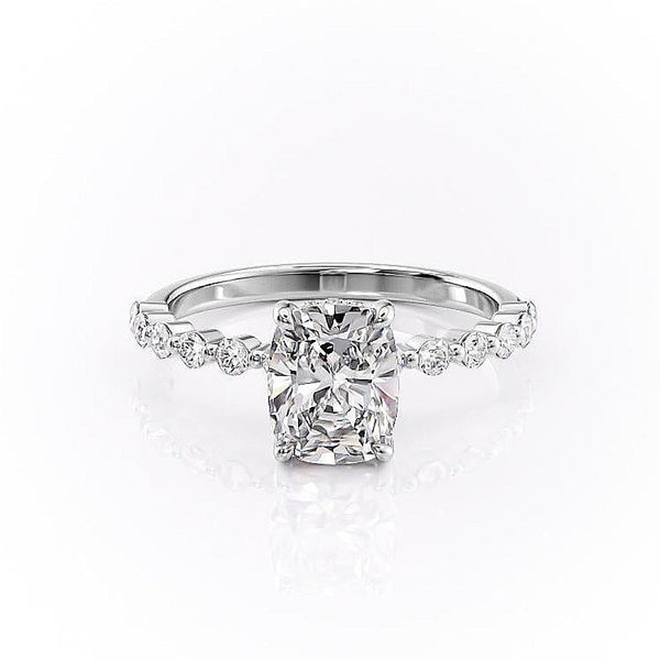 Elongated Cushion Cut Moissanite Shoulder Set Ring With Hidden Halo