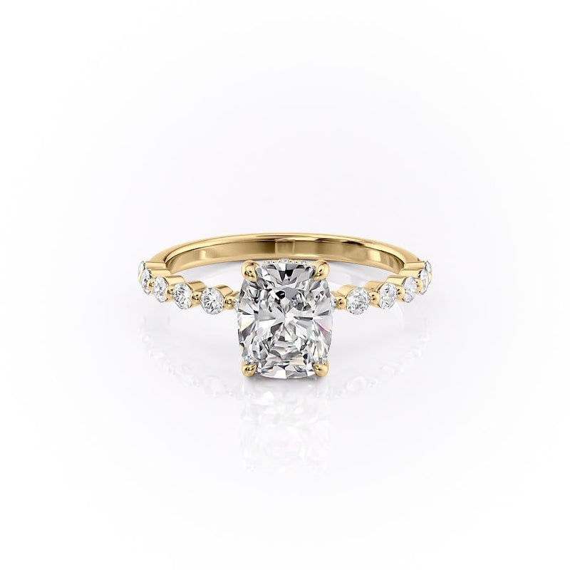 Elongated Cushion Cut Moissanite Shoulder Set Ring With Hidden Halo