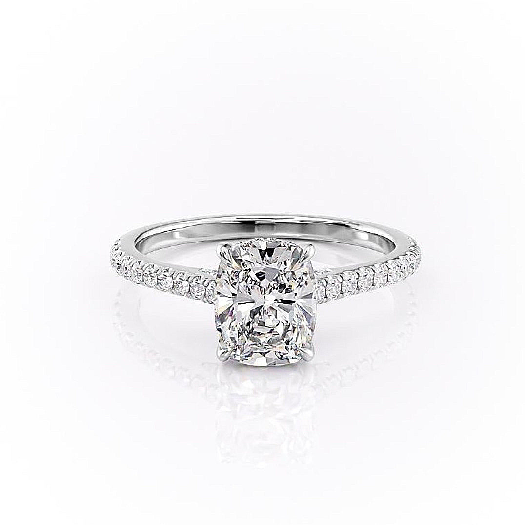 Elongated Cushion Cut Moissanite Shoulder Set Ring With Hidden Halo