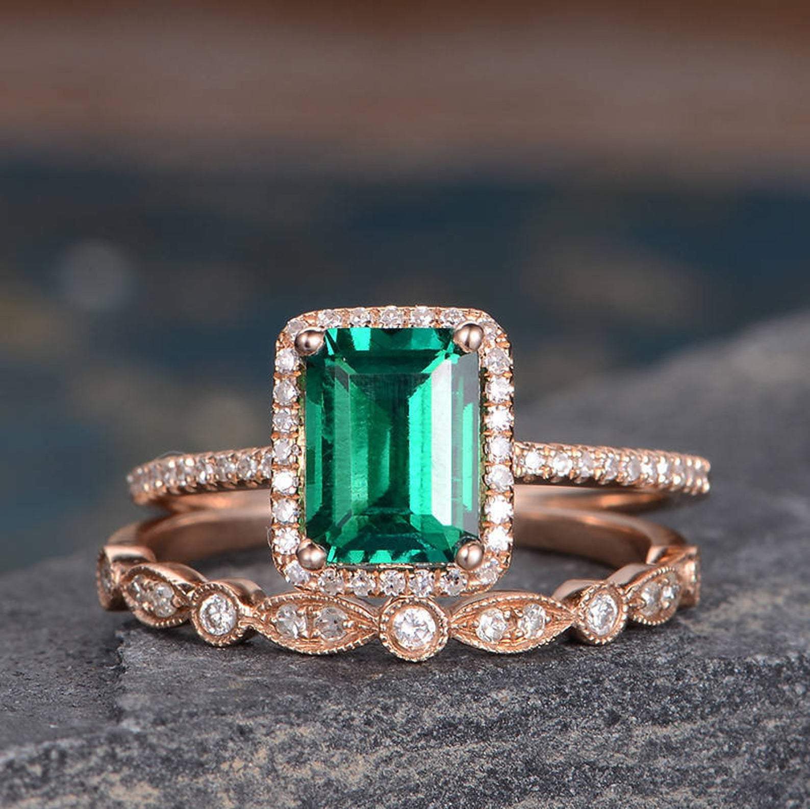 Lab Emerald & Moissanite Bridal Ring Set