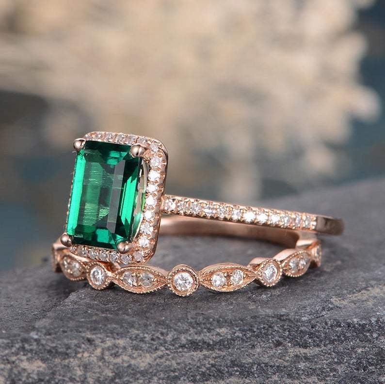 Lab Emerald & Moissanite Bridal Ring Set