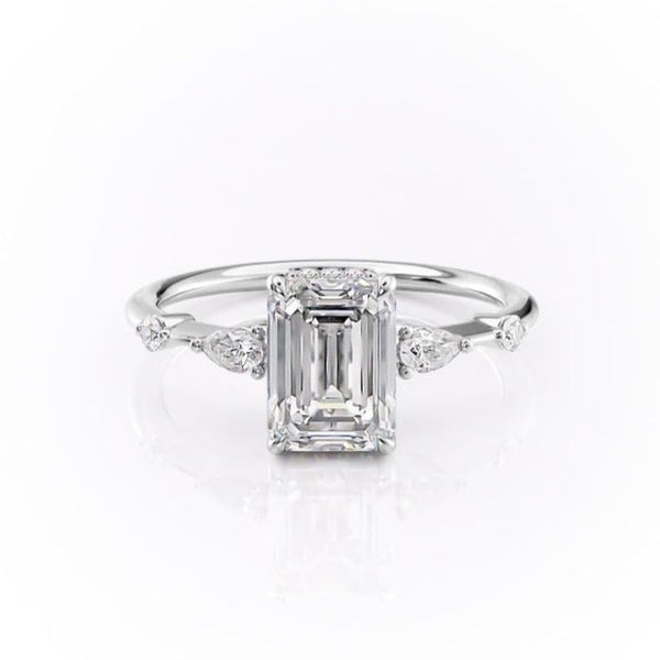 Emerald Cut Moissanite Shoulder Set Ring With Hidden Halo