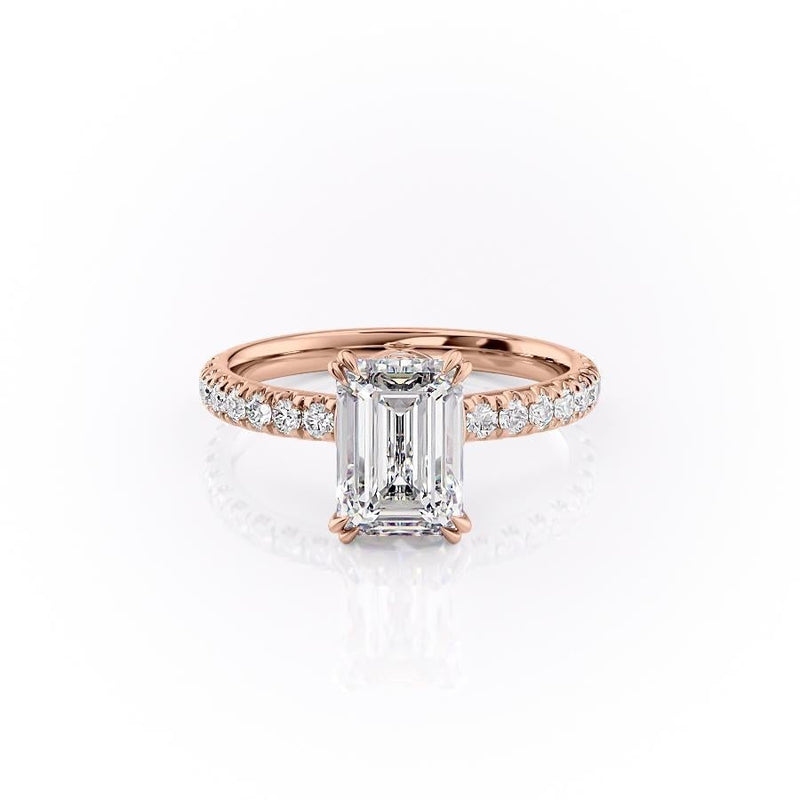 Emerald Cut Moissanite Shoulder Set Ring With Block Halo