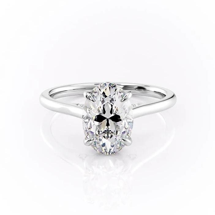 Oval Cut Moissanite Engagement Ring, Plain Band & Hidden Halo