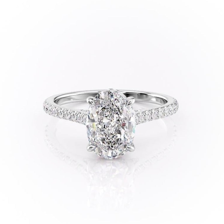 Oval Cut Moissanite Shoulder Set Ring With Hidden Halo