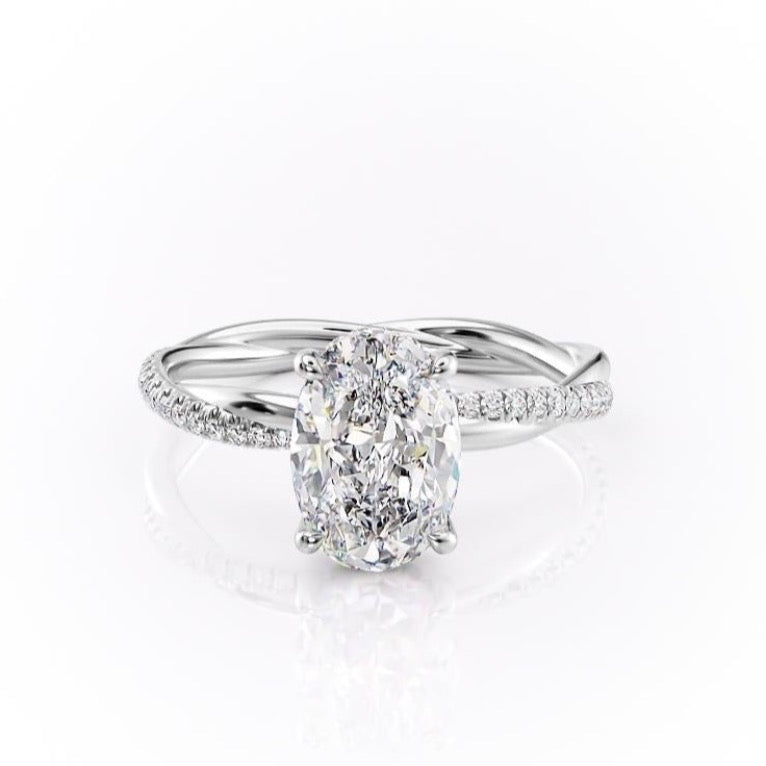 Oval Cut Moissanite Twisted Shoulder Set Ring With Hidden Halo