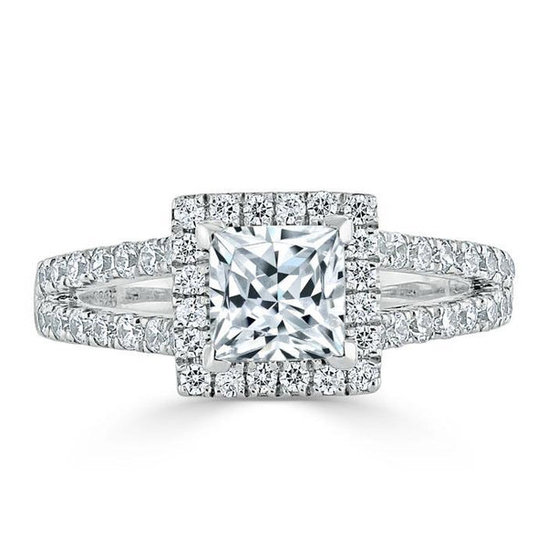 Princess Cut Moissanite Engagement Ring, Classic Halo with Split Shank