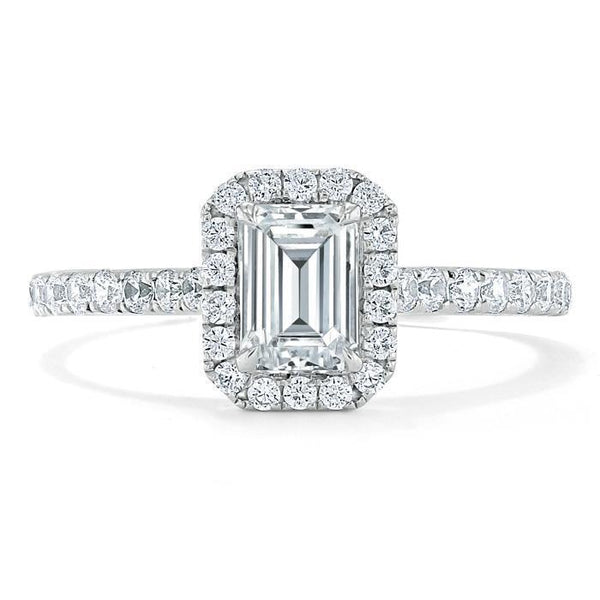 Emerald Cut Moissanite Engagement Ring, Classic Halo