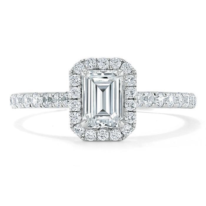 Emerald Cut Moissanite Engagement Ring, Classic Halo