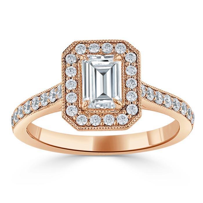 Emerald Cut Moissanite Engagement Ring, Classic Halo