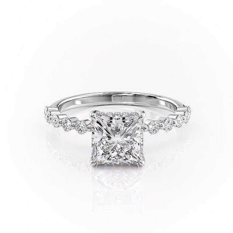 PRINCESS CUT MOISSANITE SHOULDER SET RING WITH HIDDEN HALO