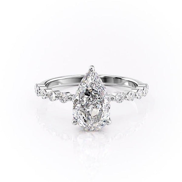 Pear Cut Moissanite Shoulder Set Ring With Hidden Halo