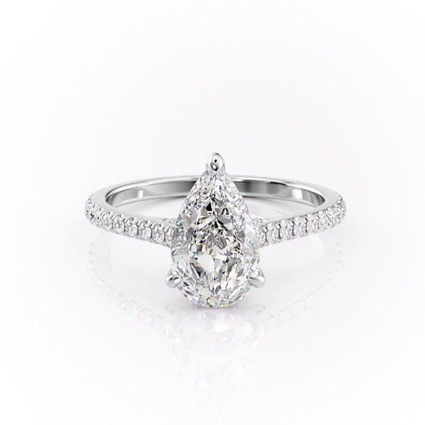 Pear Cut Moissanite Shoulder Set Ring With Hidden Halo