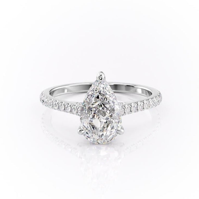 Pear Cut Moissanite Shoulder Set Ring With Hidden Halo