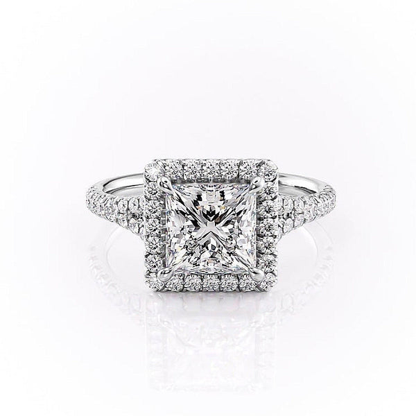 Princess Cut Moissanite Engagement Ring, Halo With Split Shank