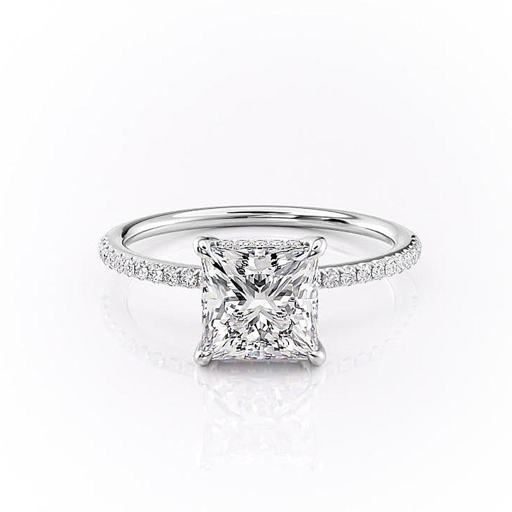 Princess Cut Moissanite Engagement Ring, Hidden Halo