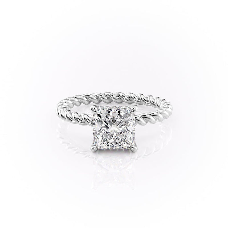 Princess Cut Moissanite Engagement Ring, Twisted Band With Hidden Halo