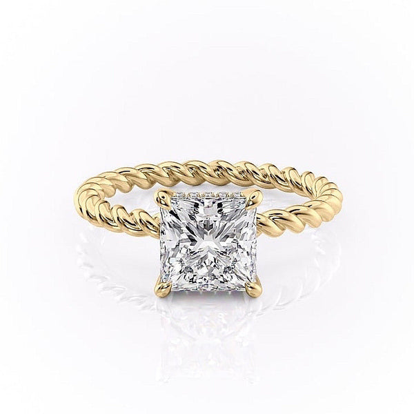 Princess Cut Moissanite Engagement Ring, Twisted Band With Hidden Halo