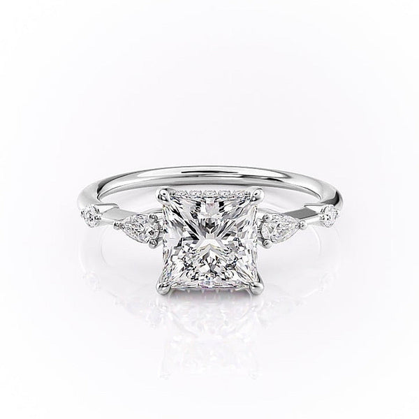 Princess Cut Moissanite Shoulder Set Ring With Hidden Halo