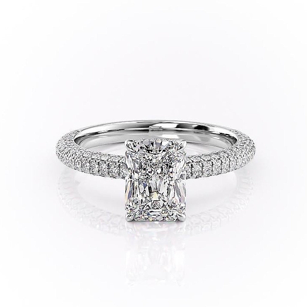 RADIANT CUT MOISSANITE PAVÉ SET SHOULDERS WITH HIDDEN HALO