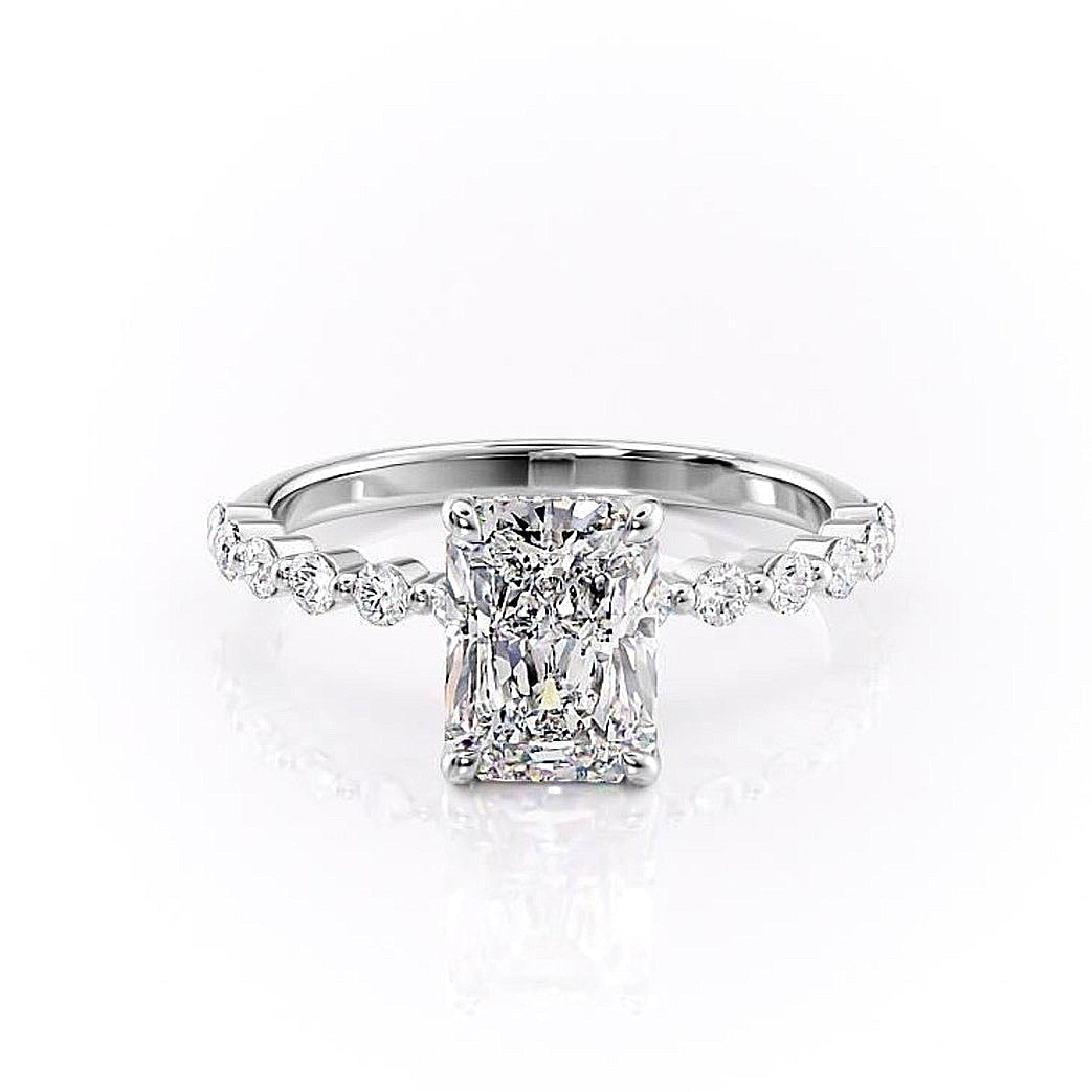 Radiant Cut Moissanite Shoulder Set Ring With Hidden Halo