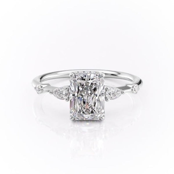 Radiant Cut Moissanite Shoulder Set Ring With Hidden Halo