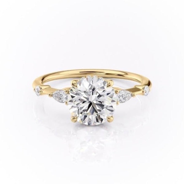 Round Cut Moissanite Shoulder Set Ring With Hidden Halo