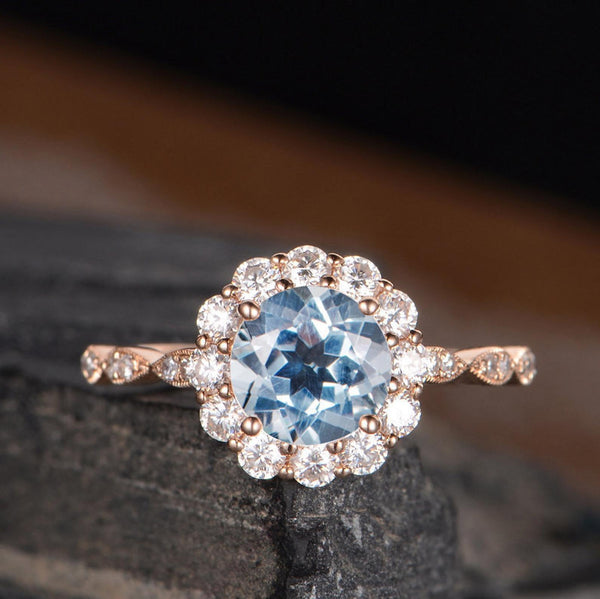 Aquamarine Round Cut Halo, Vintage Inspired