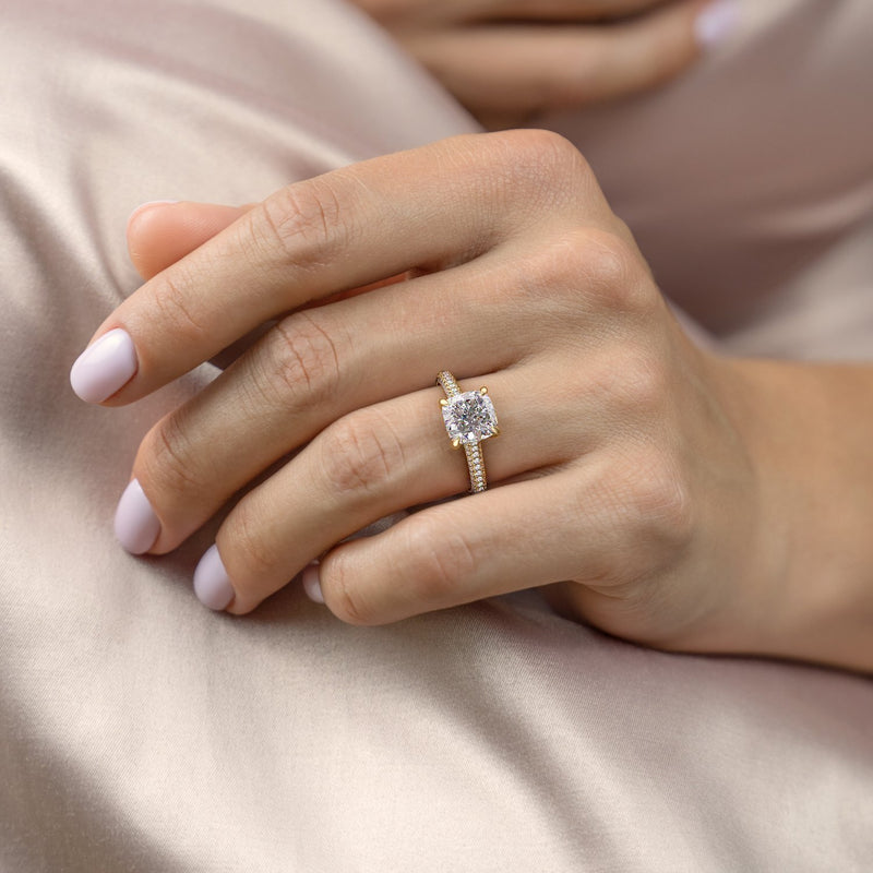 Cushion Cut Moissanite Ring With Pave Set Shoulders