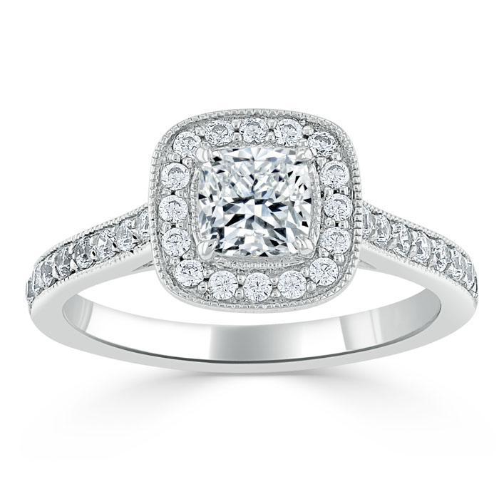 Cushion Cut Moissanite Halo Engagement Ring, Tiffany Style