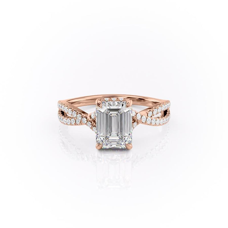 EMERALD CUT MOISSANITE ENGAGEMENT RING, TWISTED STONE SET SHOULDERS