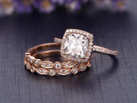 Cushion Cut Bridal Ring Set, Vintage Style Bands