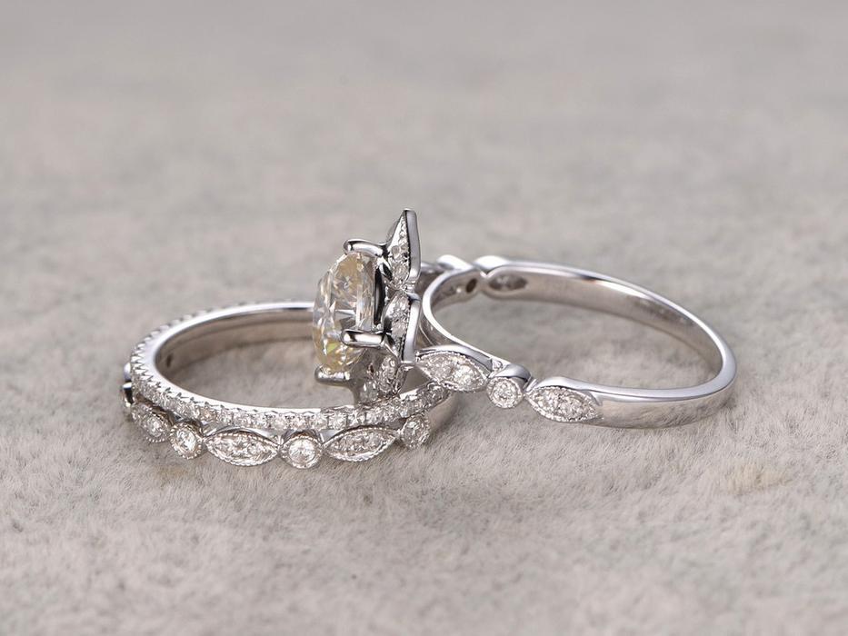 Vintage Style Bridal Ring Set, Cushion Cut