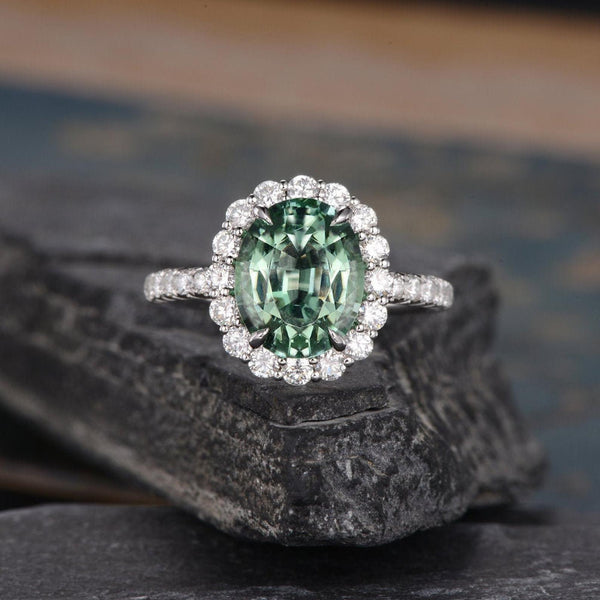 Oval Cut Green Tourmaline, Traditional Halo Design