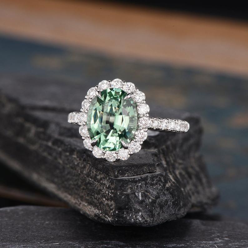 Oval Cut Green Tourmaline, Traditional Halo Design