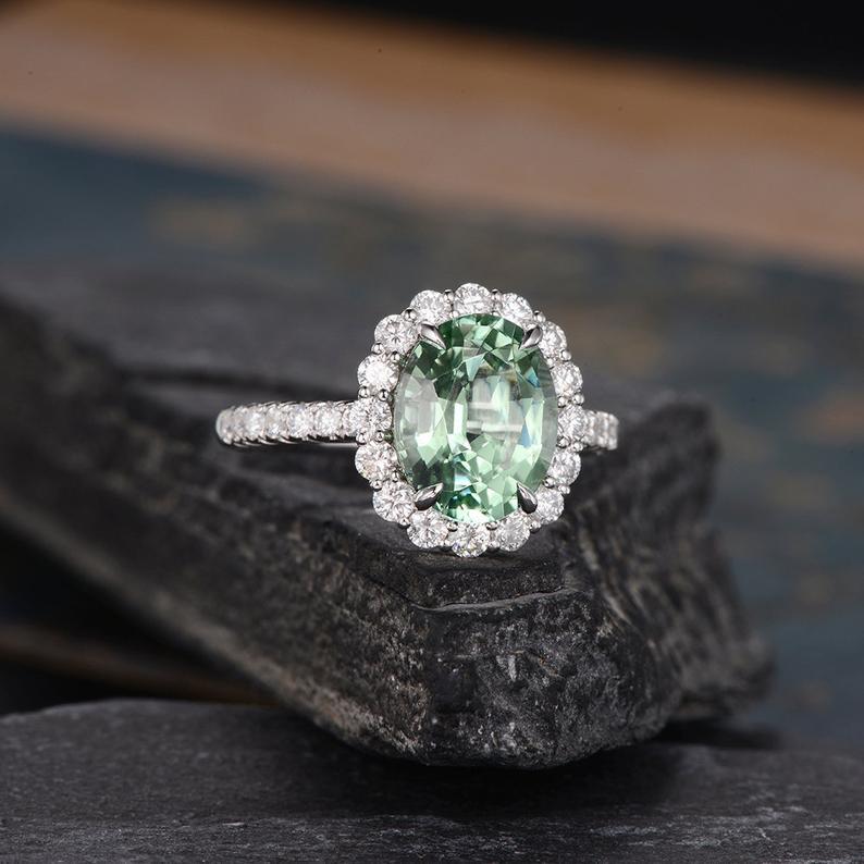 Oval Cut Green Tourmaline, Traditional Halo Design