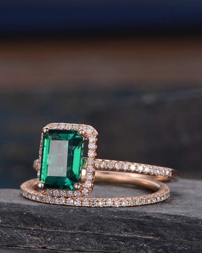 Lab Emerald & Moissanite Bridal Ring Set