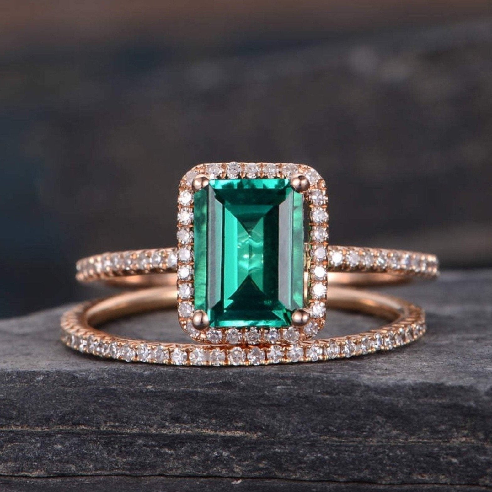 Lab Emerald & Moissanite Bridal Ring Set