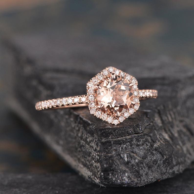 Round Cut Morganite, Hexagon Halo