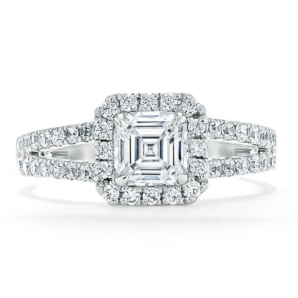 Asscher Cut Moissanite Engagement Ring, Classic Halo with Split Shank