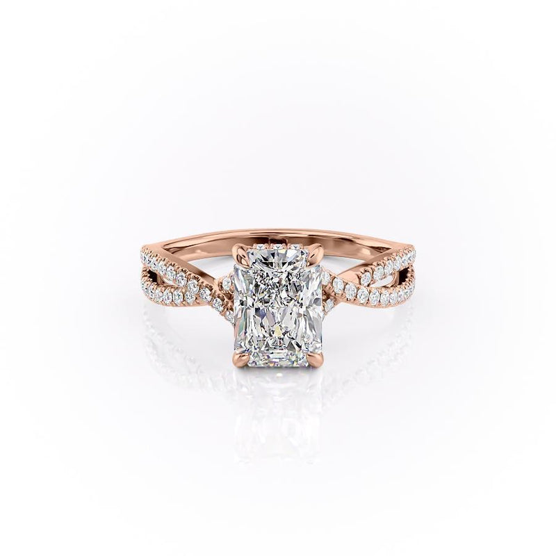 Radiant Cut Moissanite Engagement Ring, Twisted Stone Set Shoulders